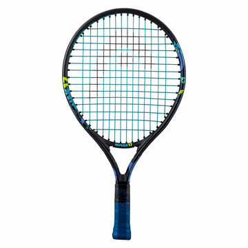 The HEAD Novak 17 Junior Tennis Racket in black and blue design includes distinctive white and yellow branding on the frame, complemented by a grip wrapped in blue tape. Featuring a Damp+ insert, its strings are arranged precisely for enhanced performance.