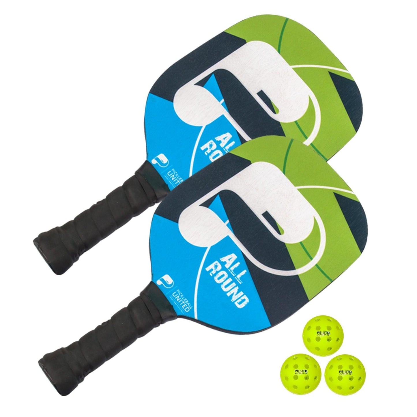 The Pickleball United All Round 2 Player Pickleball Set includes two paddles with black handles—one blue, one green—and three yellow Freedom Indoor Balls.