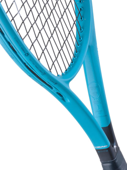 Close-up of the HEAD Boom MP L 2026 Tennis Racket in turquoise, focusing on the strings and frame with "HEAD" by the handle—showing off its effortless power.