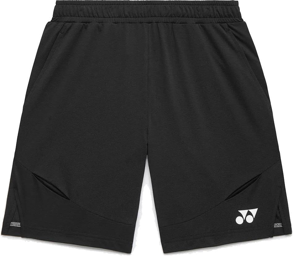The Yonex 15239YX Knit Men's Tennis Shorts in black, by Yonex, feature lightweight fabric, an elastic waistband, two side pockets, and a white Yonex logo on the lower left leg.