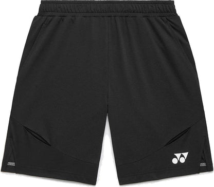 The Yonex 15239YX Knit Men's Tennis Shorts in black, by Yonex, feature lightweight fabric, an elastic waistband, two side pockets, and a white Yonex logo on the lower left leg.