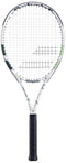 A lightweight Babolat Evoke Team Wimbledon 2025 tennis racket in white and champagne green, shown vertically against a plain white background.
