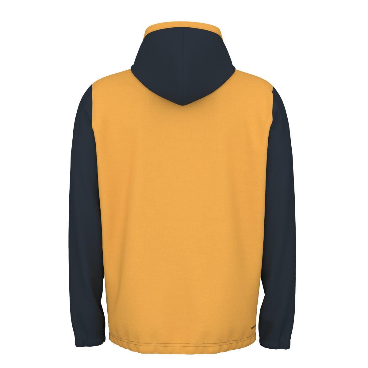 Back view of the HEAD Vision Topspin Men's Tennis Hoodie - NVXV, showcasing a stylish two-toned design with a yellow body and dark green sleeves and hood. This hoodie exemplifies simple elegance, thanks to its Moisture Transfer Microfibre composition that ensures optimal comfort.