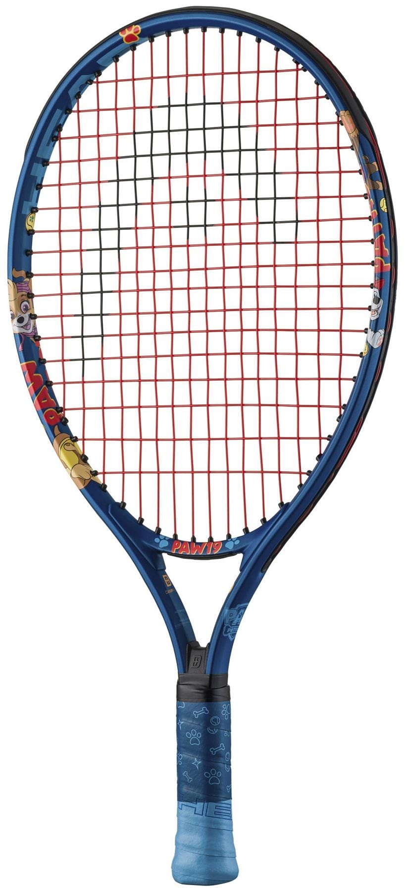 The HEAD x Paw Patrol 19 Junior Tennis Racket in blue features fun cartoon designs and paw prints, red and white strings, and is perfect for young players seeking a playful yet quality junior racket.