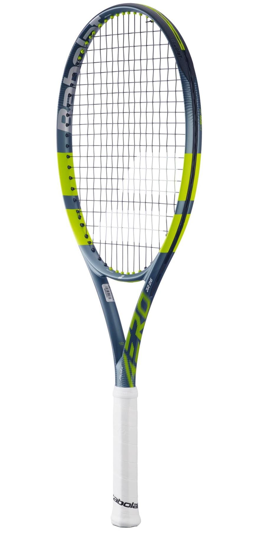 The Babolat Pure Aero Junior 26 Tennis Racket 2026 features a blue and yellow frame, black strings, and a white grip—ideal for young players wanting spin technology.