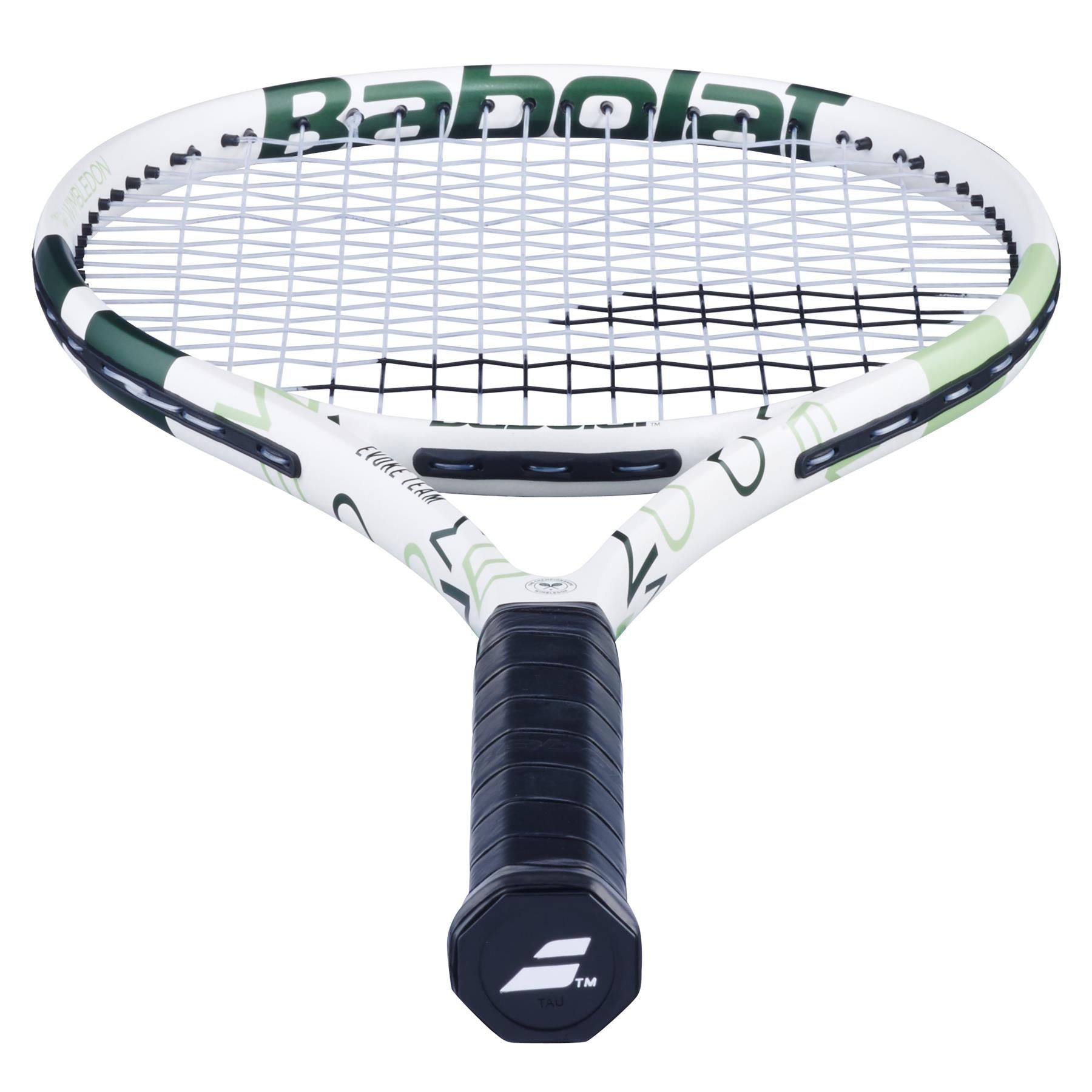 A close-up of the Babolat Evoke Team Wimbledon 2025 Tennis Racket shows its white and champagne green frame, black strings, and black grip handle featuring the Babolat logo at the end.