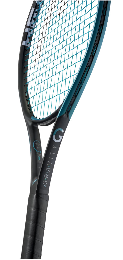 A close-up of the HEAD IG Gravity Junior 26 2025 Tennis Racket - Black shows its black and teal frame, crafted from lightweight graphite composite with Innegra™, featuring a sleek black handle and strings against a white background, highlighting modern design.
