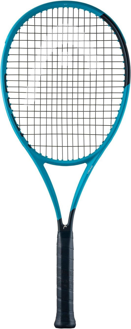 The HEAD Boom MP 2026 Tennis Racket by HEAD features a blue and black design with a black string grid and grip, shown vertically against a white background—engineered for explosive power on the court.