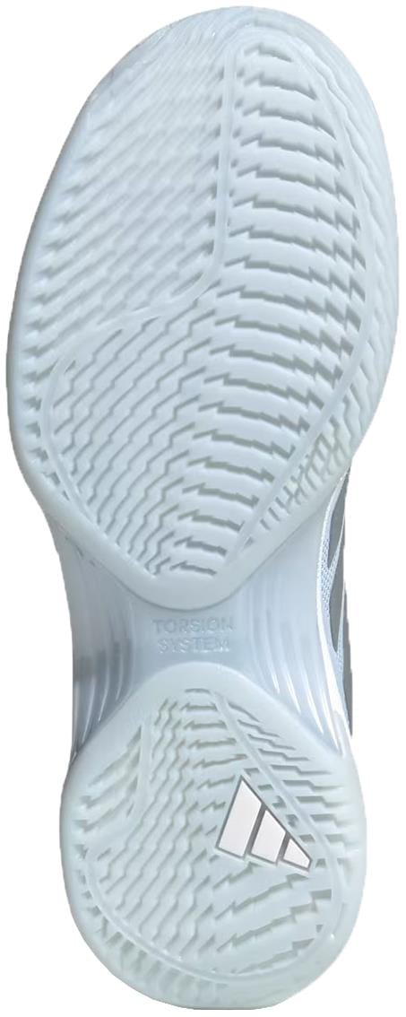 Close-up of the adidas Avacourt 3 Women’s Tennis Shoes in Crystal Sky/Silver Metallic/Cloud White, highlighting the white sole with textured zigzag tread, visible torsion system, and three stripes for top tennis court performance.