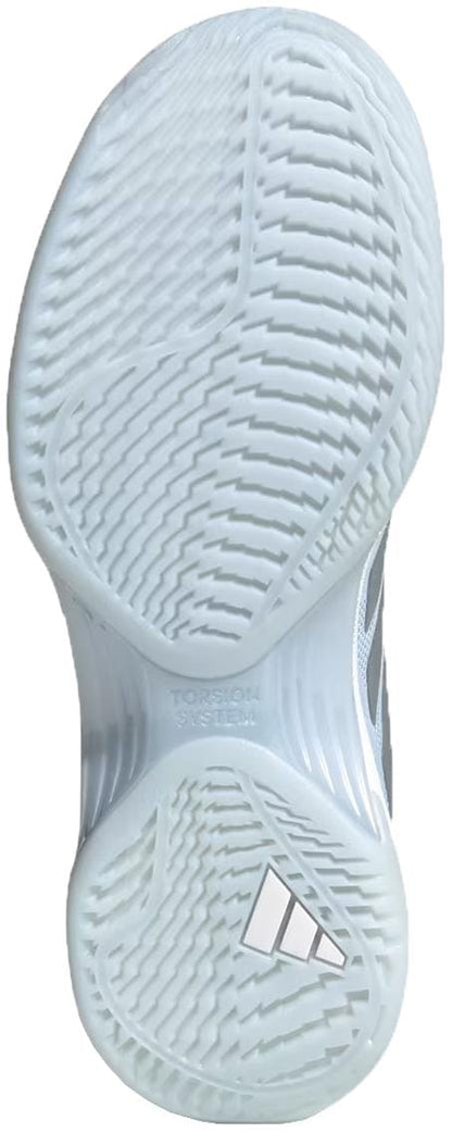 Close-up of the adidas Avacourt 3 Women’s Tennis Shoes in Crystal Sky/Silver Metallic/Cloud White, highlighting the white sole with textured zigzag tread, visible torsion system, and three stripes for top tennis court performance.