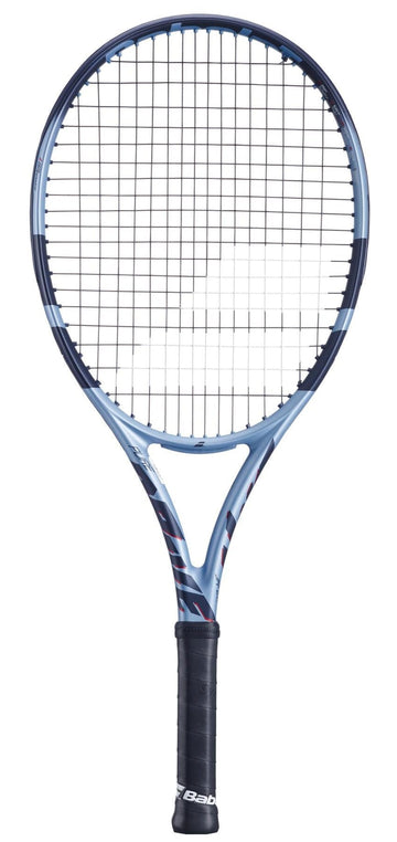 A blue and black Babolat Pure Drive Junior 26 Gen 11 Tennis Racket with a black grip is displayed upright against a white background.