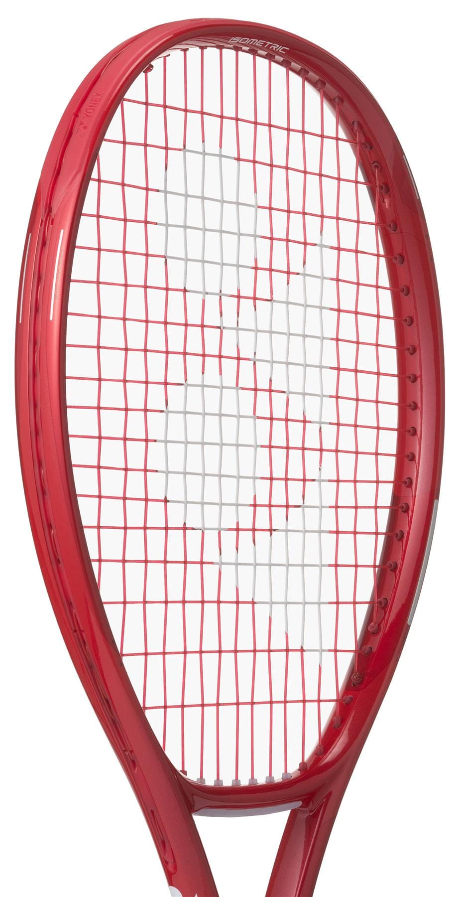 A close-up of the Yonex VCORE 26 Junior Ruby Red 2026 Tennis Racket displays its white strings with a large Y-shaped logo and features isometric technology for enhanced performance.