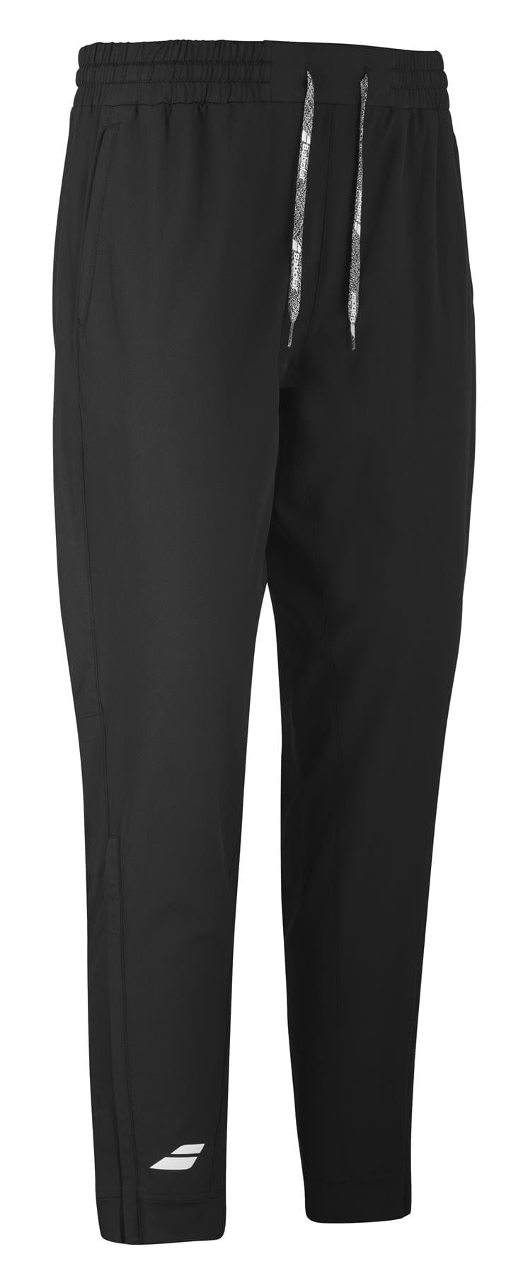 The Babolat Play Men's Tennis Pants in black feature an elastic waistband, drawstring, and side pockets. They include a small white logo on the lower left leg and are equipped with Fiber Dry technology, offering a sleek design perfect for both sports and casual wear.