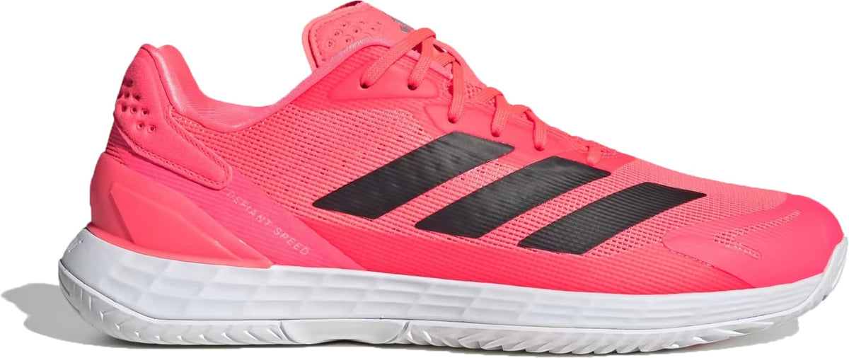 Bright pink adidas Defiant Speed 2 Mens Tennis Shoes - Solar Turbo / Core Black / Cloud White with three black stripes on the side and a white sole.