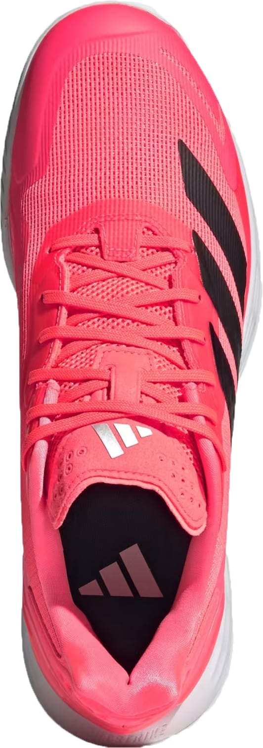 Top-down view of a bright pink adidas Defiant Speed 2 Mens Tennis Shoes - Solar Turbo / Core Black / Cloud White with black stripes on the side and a white Ubersonic outsole.