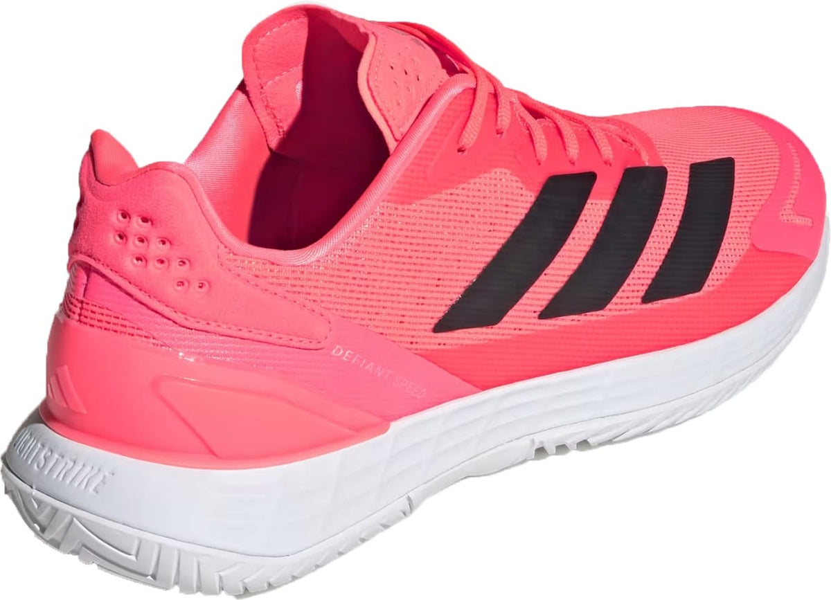 Bright pink adidas Defiant Speed 2 Mens Tennis Shoes - Solar Turbo / Core Black / Cloud White featuring three black stripes on the side and a white Ubersonic outsole.