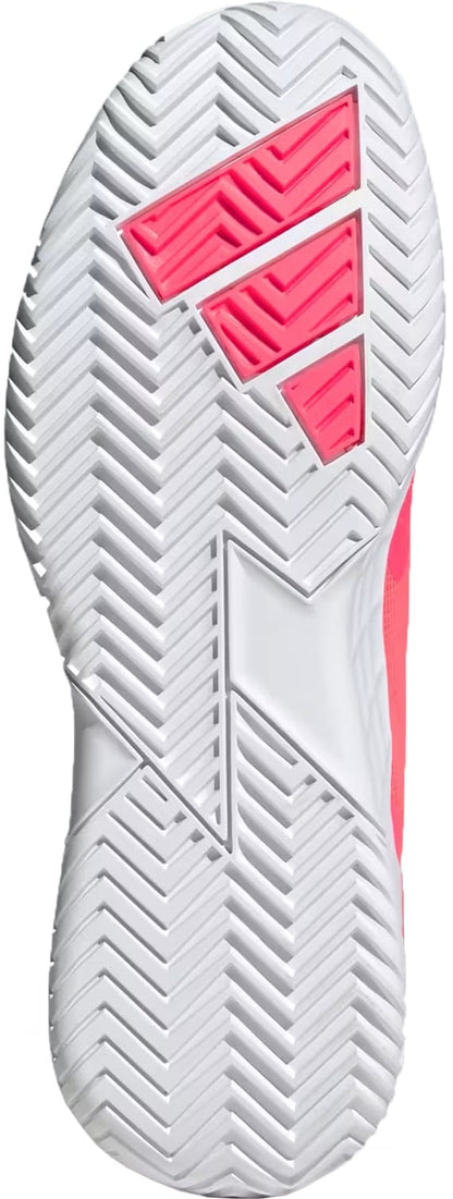 Bottom view of the adidas Defiant Speed 2 Mens Tennis Shoes - Solar Turbo / Core Black / Cloud White, featuring a white herringbone tread and bright pink three-stripe detail on the sole.