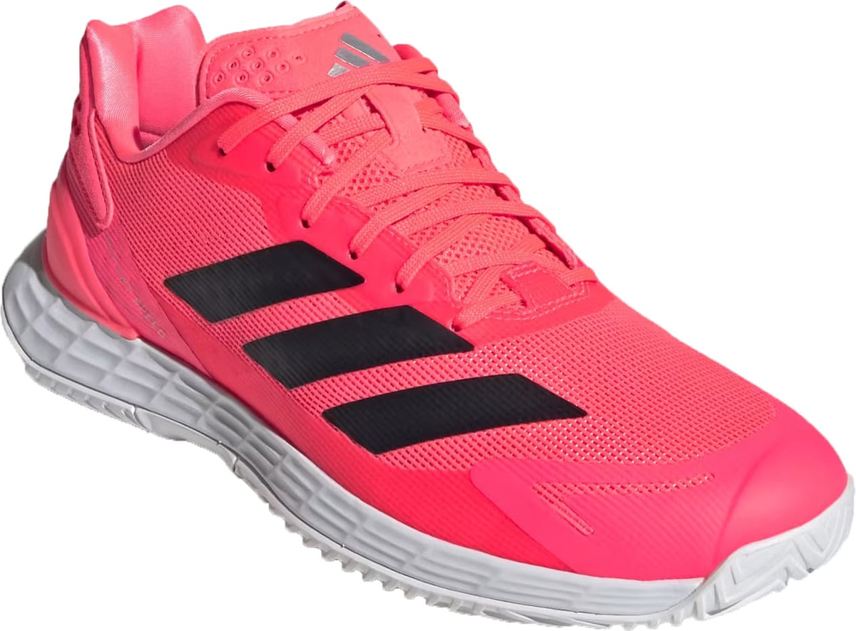 Bright pink adidas Defiant Speed 2 Mens Tennis Shoes featuring three black diagonal stripes on the side and a white midsole.