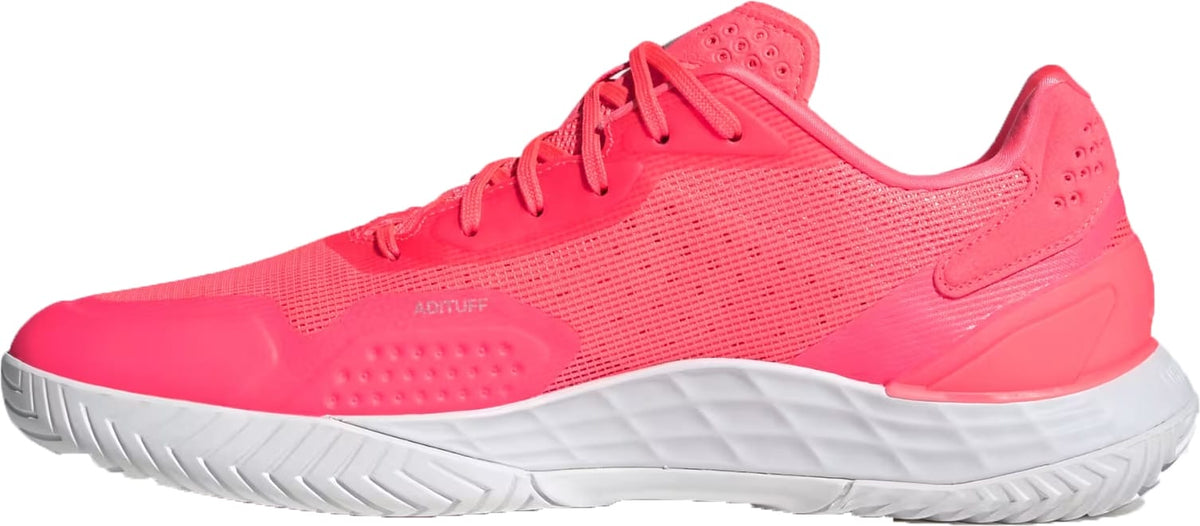 Bright pink adidas Defiant Speed 2 Mens Tennis Shoes - Solar Turbo / Core Black / Cloud White featuring a white textured midsole and Ubersonic outsole.