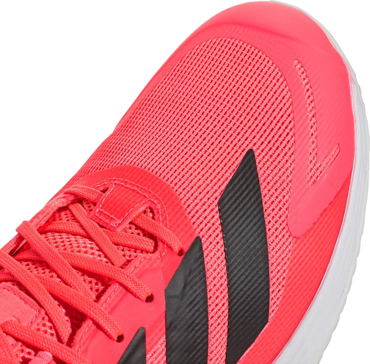 Close-up of bright pink adidas Defiant Speed 2 Mens Tennis Shoes - Solar Turbo / Core Black / Cloud White with black side stripes and white soles.