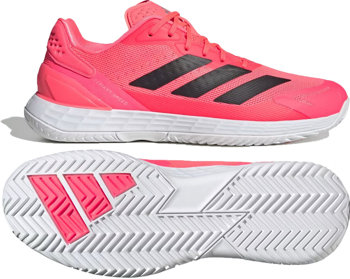 Bright pink adidas Defiant Speed 2 Mens Tennis Shoes - Solar Turbo / Core Black / Cloud White with black side stripes and a white multi-directional Ubersonic outsole tread.