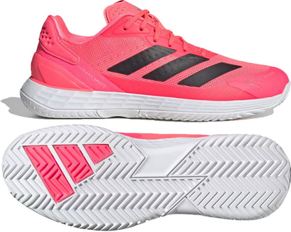 Bright pink adidas Defiant Speed 2 Mens Tennis Shoes - Solar Turbo / Core Black / Cloud White with black side stripes and a white multi-directional Ubersonic outsole tread.