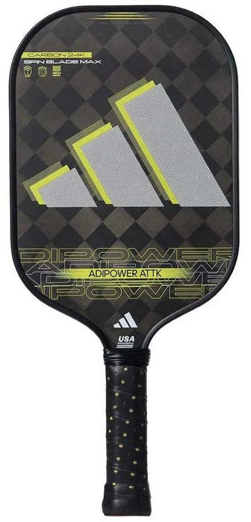 The adidas ADIDAS Adipower ATTK 3.3 Pickleball Paddle is black with a large yellow and gray geometric design, "ADIPOWER ATTK" on the face, a diamond pattern background, textured handle, and "USA Pickleball Approved" on the neck.