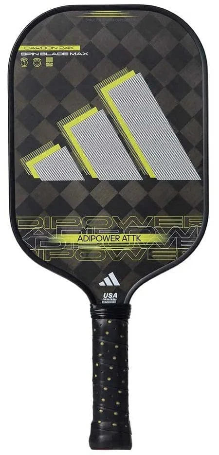The ADIDAS Adipower ATTK 3.3 Pickleball Paddle by adidas features a black and yellow design and is crafted with 24K Aluminized Carbon for advanced performance.