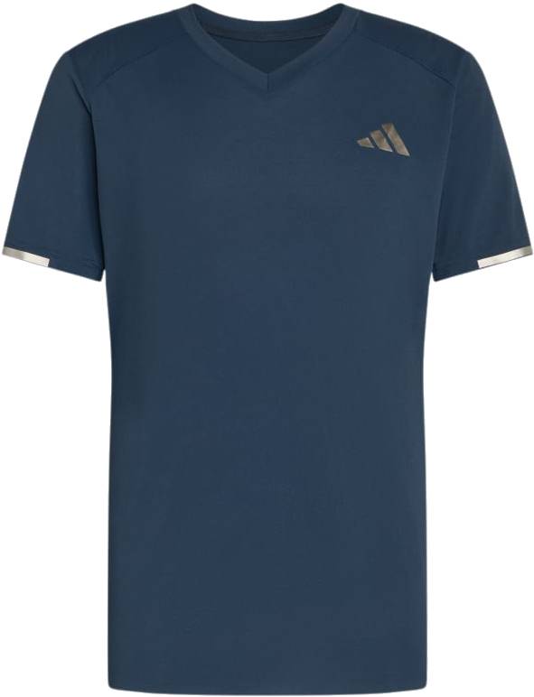 The adidas Climacool+ Freelift Pro Mens Tennis T-Shirt - Aurora Ink features short sleeves, a small metallic logo on the chest, metallic sleeve accents, and advanced Climacool+ technology. Shown against a white background.