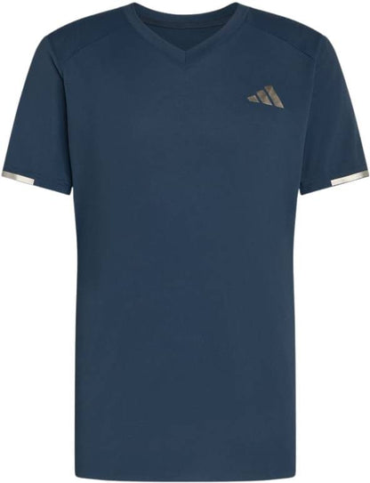 The adidas Climacool+ Freelift Pro Mens Tennis T-Shirt - Aurora Ink features short sleeves, a small metallic logo on the chest, metallic sleeve accents, and advanced Climacool+ technology. Shown against a white background.