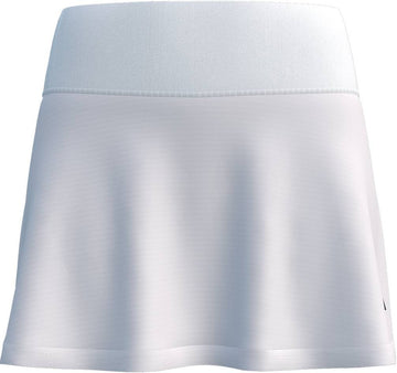 The adidas Court Womens Tennis Skirt - White features a wide, moisture-wicking waistband and is shown on a white background.