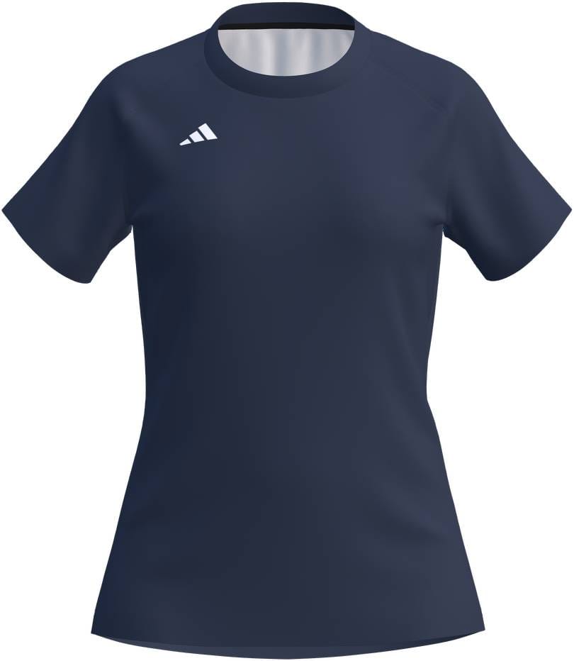 The adidas Court Womens Tennis T-Shirt - Navy features short sleeves, a crew neckline, a fitted silhouette, and a small white adidas logo on the upper left chest.