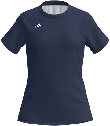 The adidas Court Womens Tennis T-Shirt - Navy features short sleeves, a crew neckline, a fitted silhouette, and a small white adidas logo on the upper left chest.