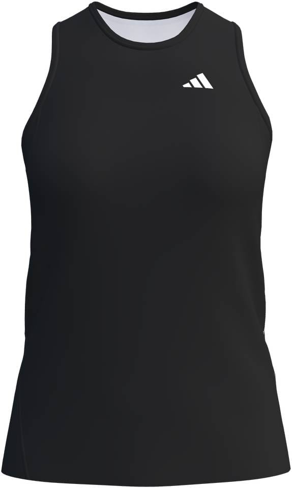 The adidas Court Womens Tennis Tank Top - Black is a sleeveless, moisture-wicking polyester tank with a white adidas logo on the upper left chest, shown against a plain white background.