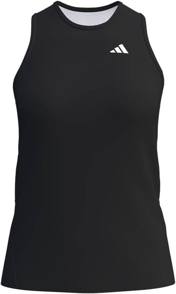 The adidas Court Womens Tennis Tank Top - Black is a sleeveless, moisture-wicking polyester tank with a white adidas logo on the upper left chest, shown against a plain white background.