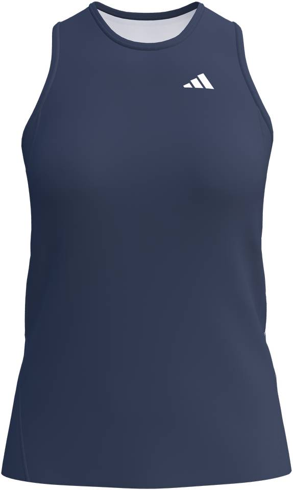The adidas Court Womens Tennis Tank Top - Navy is a sleeveless, moisture-wicking polyester top with a high neckline, fitted design, and white adidas logo on the left chest. Breathable and perfect for tennis.
