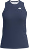 The adidas Court Womens Tennis Tank Top - Navy is a sleeveless, moisture-wicking polyester top with a high neckline, fitted design, and white adidas logo on the left chest. Breathable and perfect for tennis.