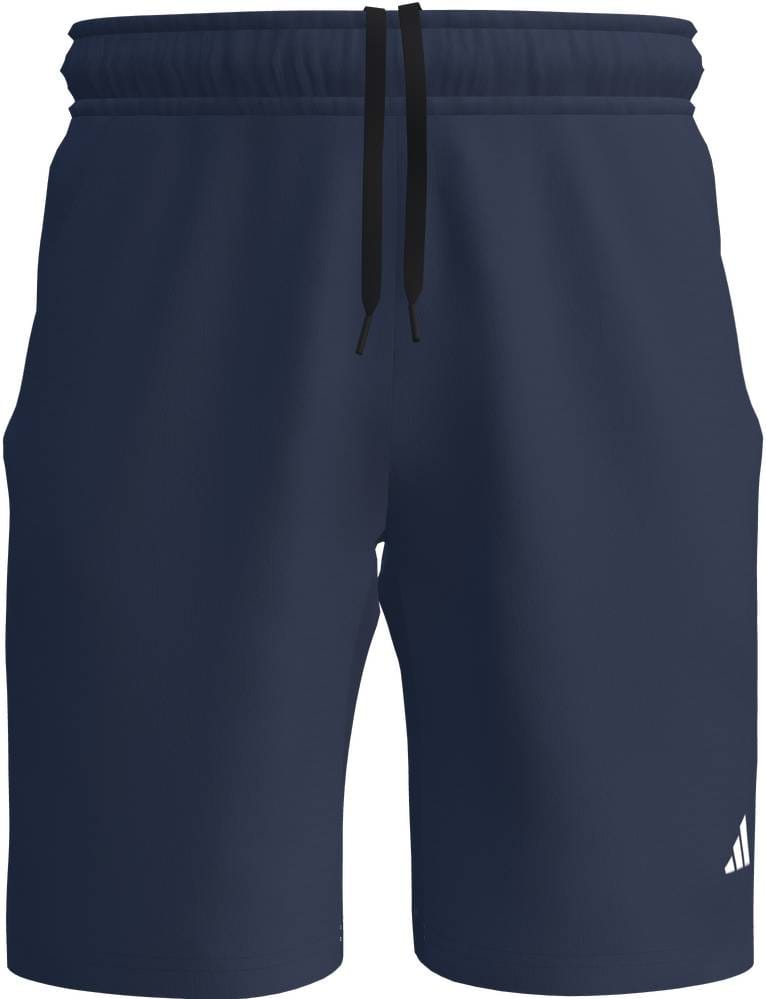 The adidas Court Woven Mens Tennis Shorts - Navy feature an elastic waistband, black drawstring, ball pockets, moisture-wicking fabric, and a small white adidas logo on the lower left leg.
