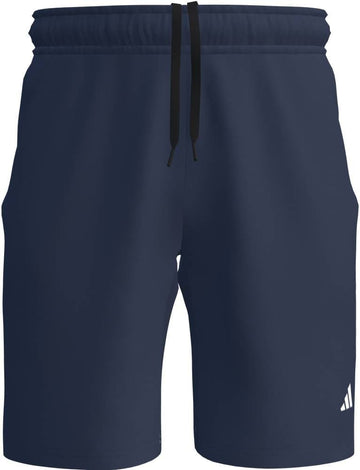 The adidas Court Woven Mens Tennis Shorts - Navy feature an elastic waistband, black drawstring, ball pockets, moisture-wicking fabric, and a small white adidas logo on the lower left leg.