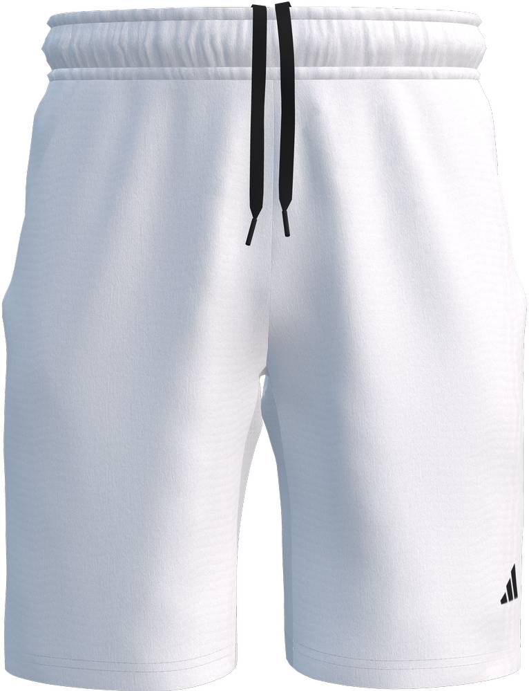 Adidas Court Woven Mens Tennis Shorts - White feature moisture-wicking fabric, an elastic waistband with black drawstrings, side pockets, and a small black adidas logo by the left hem.