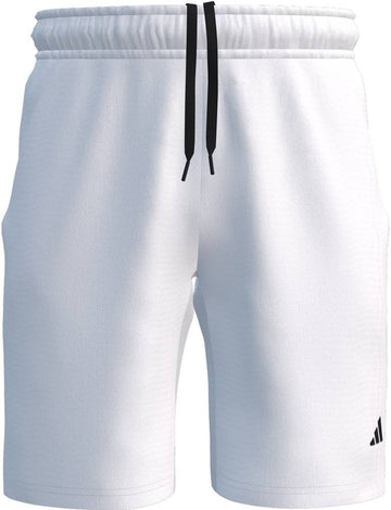 Adidas Court Woven Mens Tennis Shorts - White feature moisture-wicking fabric, an elastic waistband with black drawstrings, side pockets, and a small black adidas logo by the left hem.