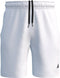Adidas Court Woven Mens Tennis Shorts - White feature moisture-wicking fabric, an elastic waistband with black drawstrings, side pockets, and a small black adidas logo by the left hem.