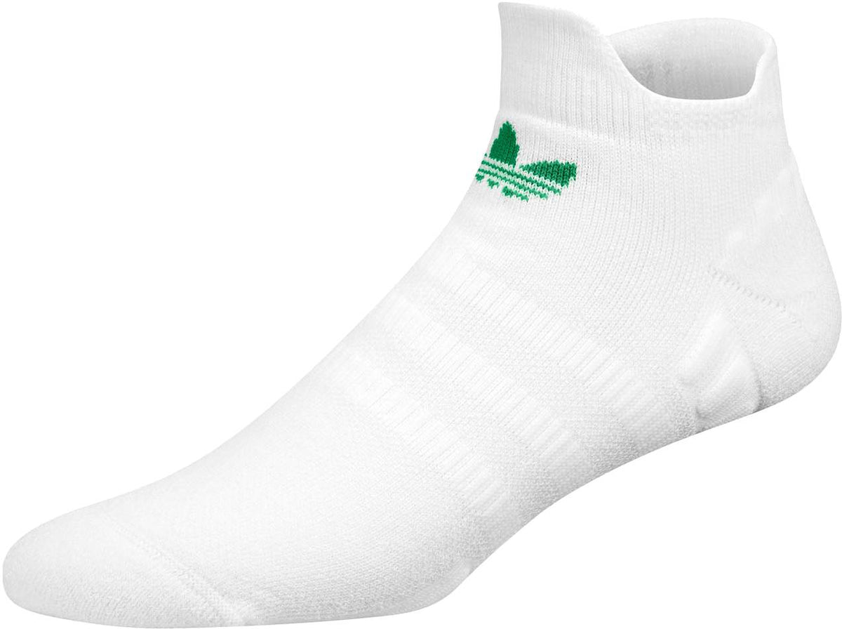 Adidas Originals Low Tennis Socks - White, featuring a green adidas Trefoil logo on the side, shown on an invisible foot form against a plain background.