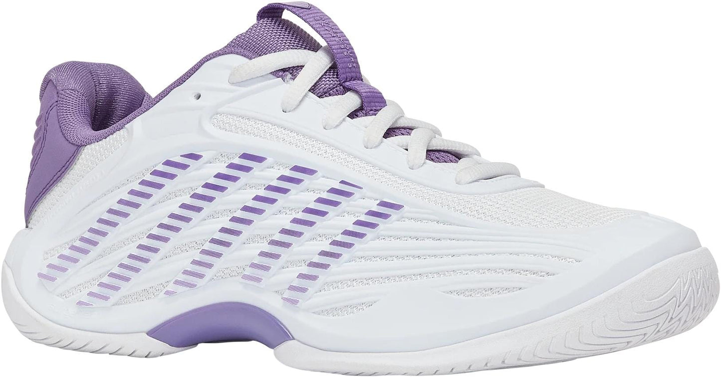 The K-Swiss Hypercourt Express 3 Women's Tennis Shoes in White/Purple Haze/Lunar Rock feature a mesh upper, patterned side design, purple accents on the tongue, laces, heel, and a textured white sole with a lightweight Surgelite+ midsole.