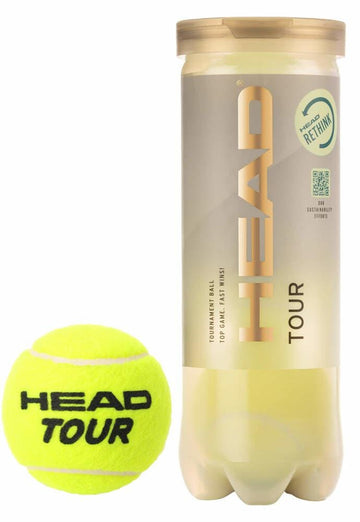 A canister labeled "HEAD Tour Tennis Balls - 3 Ball Tube" with a transparent lid contains three neon yellow tennis balls, each featuring "HEAD TOUR" printed in black text. These HEAD Tour tennis balls are enhanced with Dynamic (EN)Core technology and serve as the official tournament ball for superior performance.