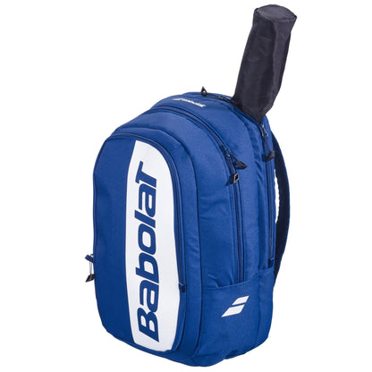 The Babolat Court Hero Tennis Backpack - Dark Blue by Babolat is made from recycled PET, features multiple zippered compartments, a white logo, and a top opening for your tennis racket handle.