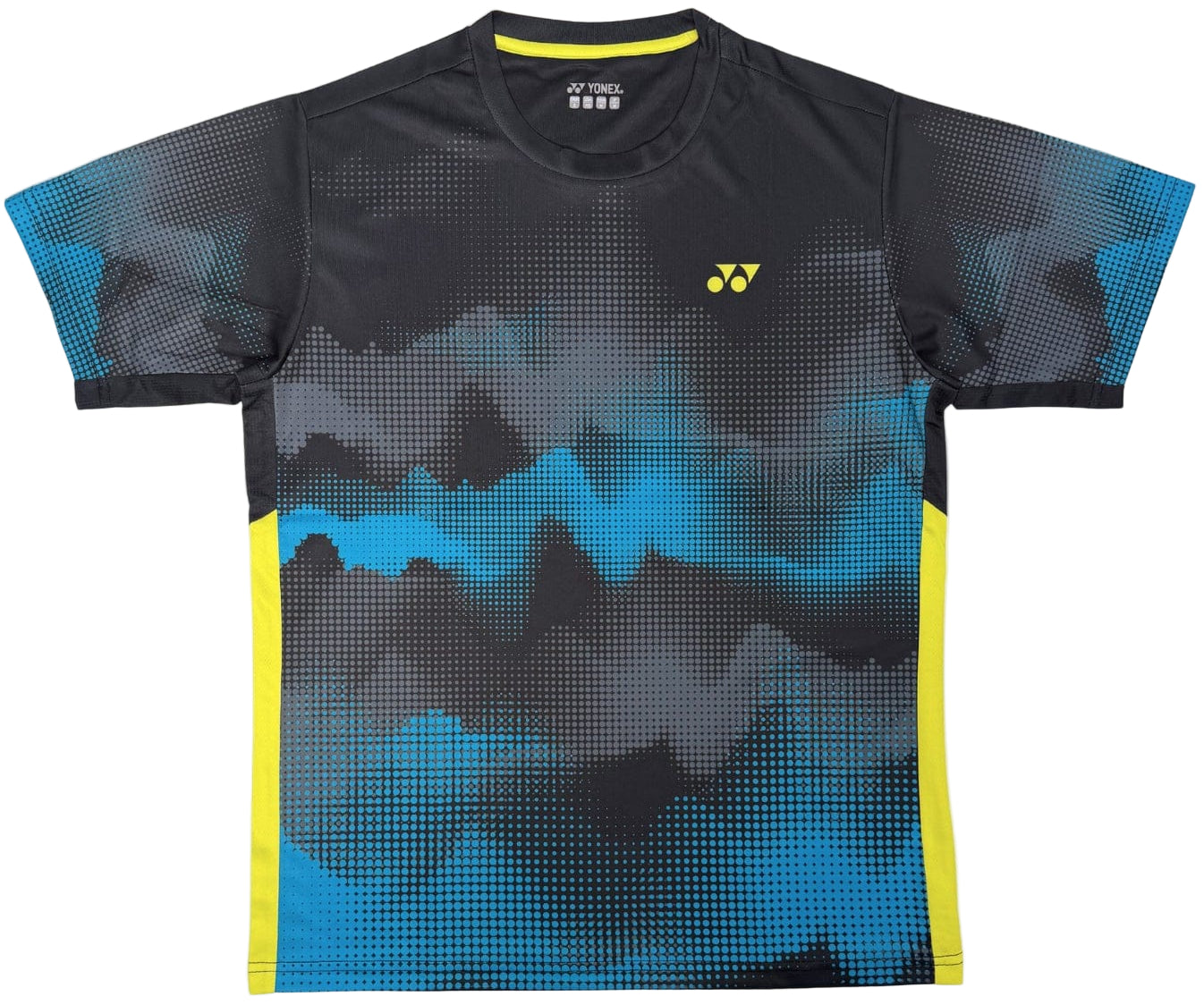 The Yonex YTM2025A Men's Tennis T-Shirt features a black and blue abstract pattern with yellow side accents and a yellow logo. Made by Yonex, it uses micro-knit fabric and Quick-Dry technology for superior comfort on the court.