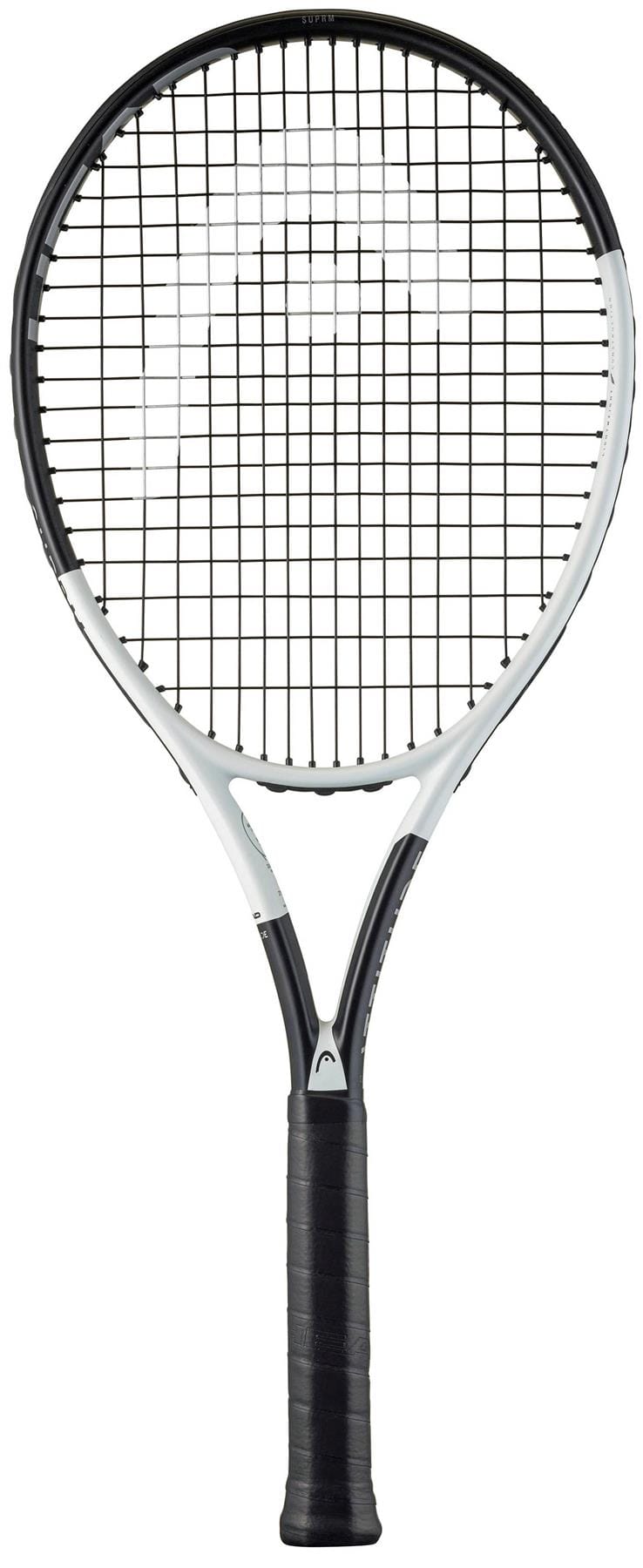 The HEAD MX Attitude SUPRM Tennis Racket by HEAD features a black grip, black strings, and a white frame—ideal as a lightweight choice for beginners—displayed against a plain white background.