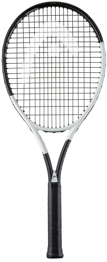 The HEAD MX Attitude SUPRM Tennis Racket by HEAD features a black grip, black strings, and a white frame—ideal as a lightweight choice for beginners—displayed against a plain white background.