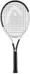 The HEAD MX Attitude SUPRM Tennis Racket by HEAD features a black grip, black strings, and a white frame—ideal as a lightweight choice for beginners—displayed against a plain white background.